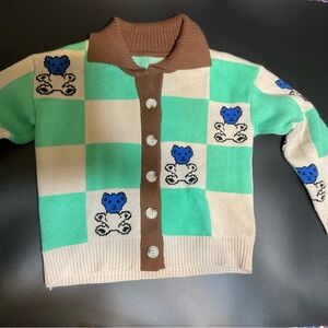 Checkered Cardigan with Bear Design, green and beige with blue bears